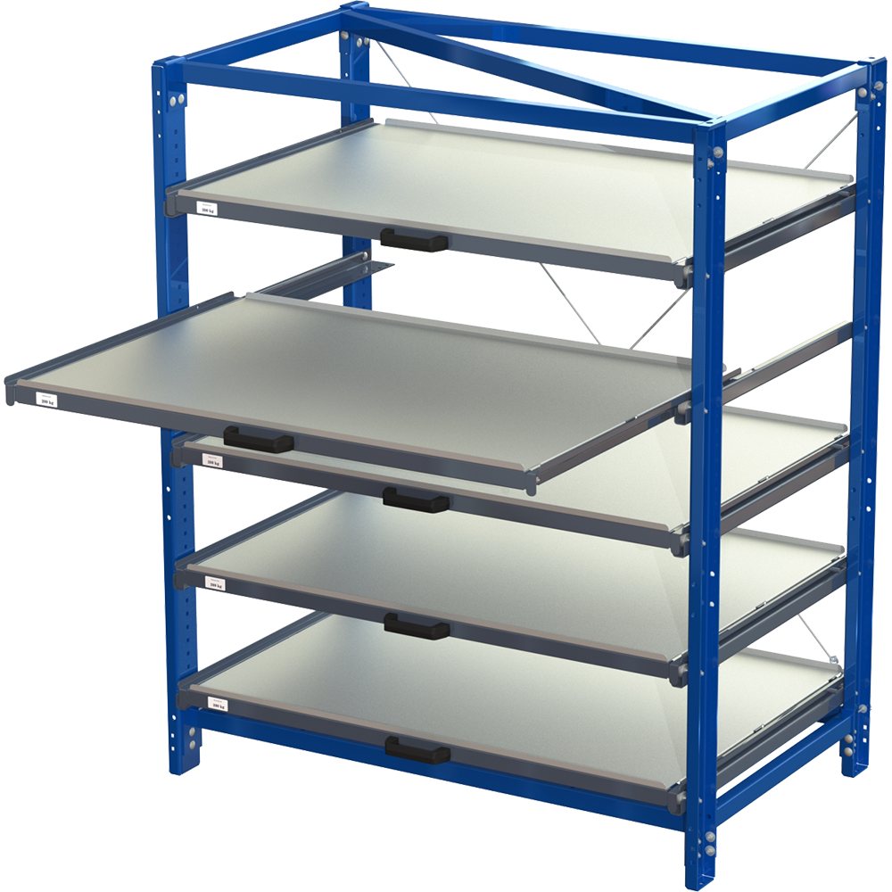 Compact storage unit without shelf lock, long-side forward, 70% extension, 200kg load capacity, 5 shelves