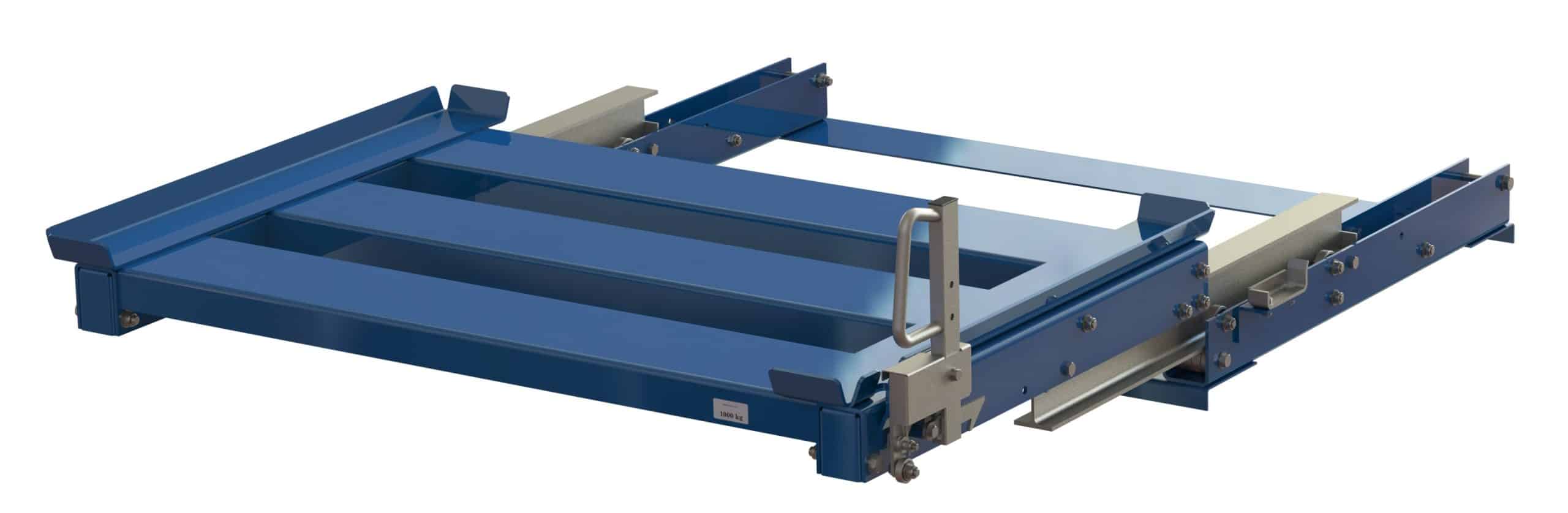 Pull-out unit for pallet rack with 100% extension ,1000 kg load capacity, rear-loaded, long-side handled for wire mesh containers