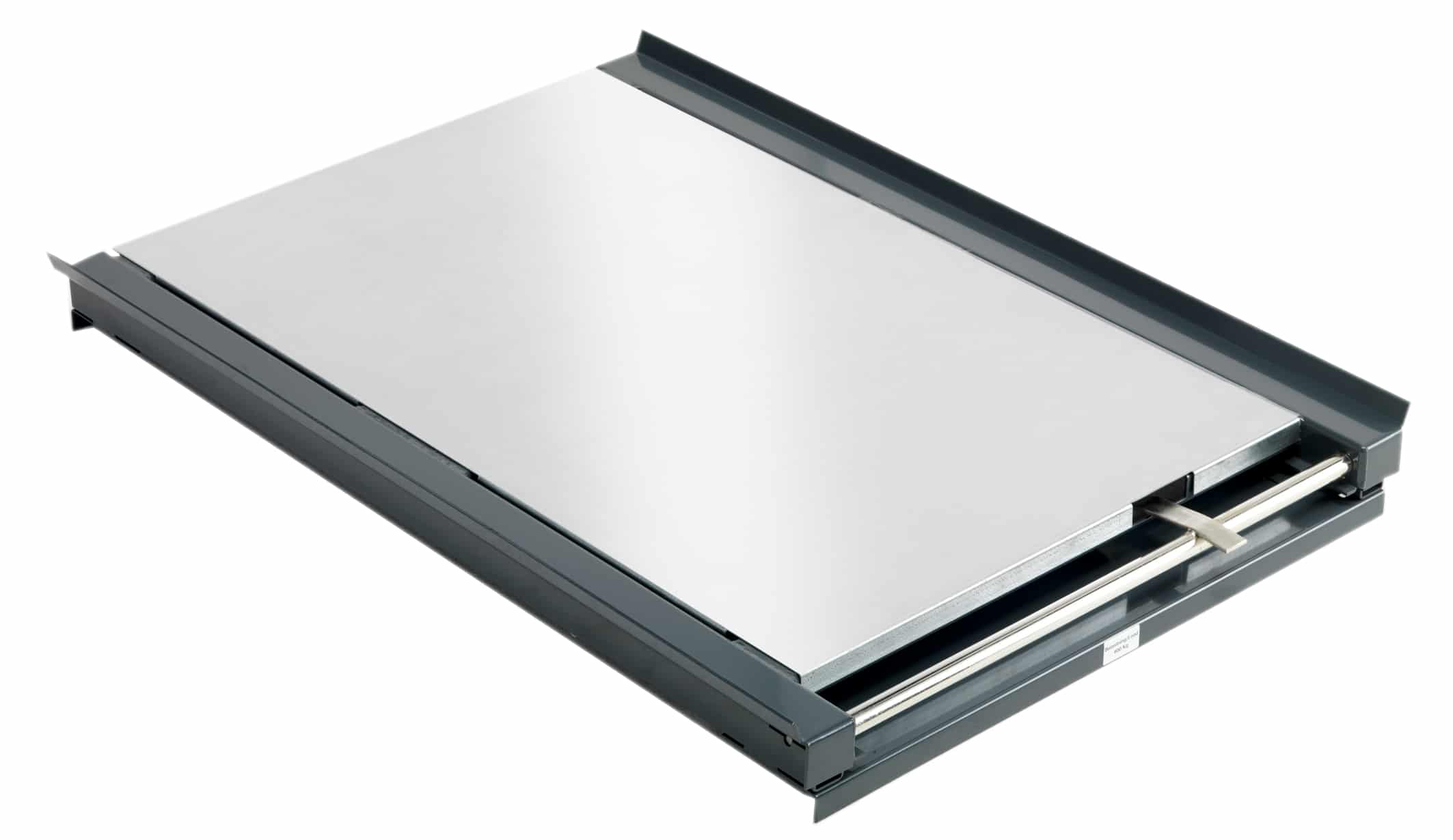 Steel shelf panel for short-side handled beam-mounted pull-out unit, fits pallet collar and plastic boxes, 300 kg at 100% and 600 kg at 70% or 100%