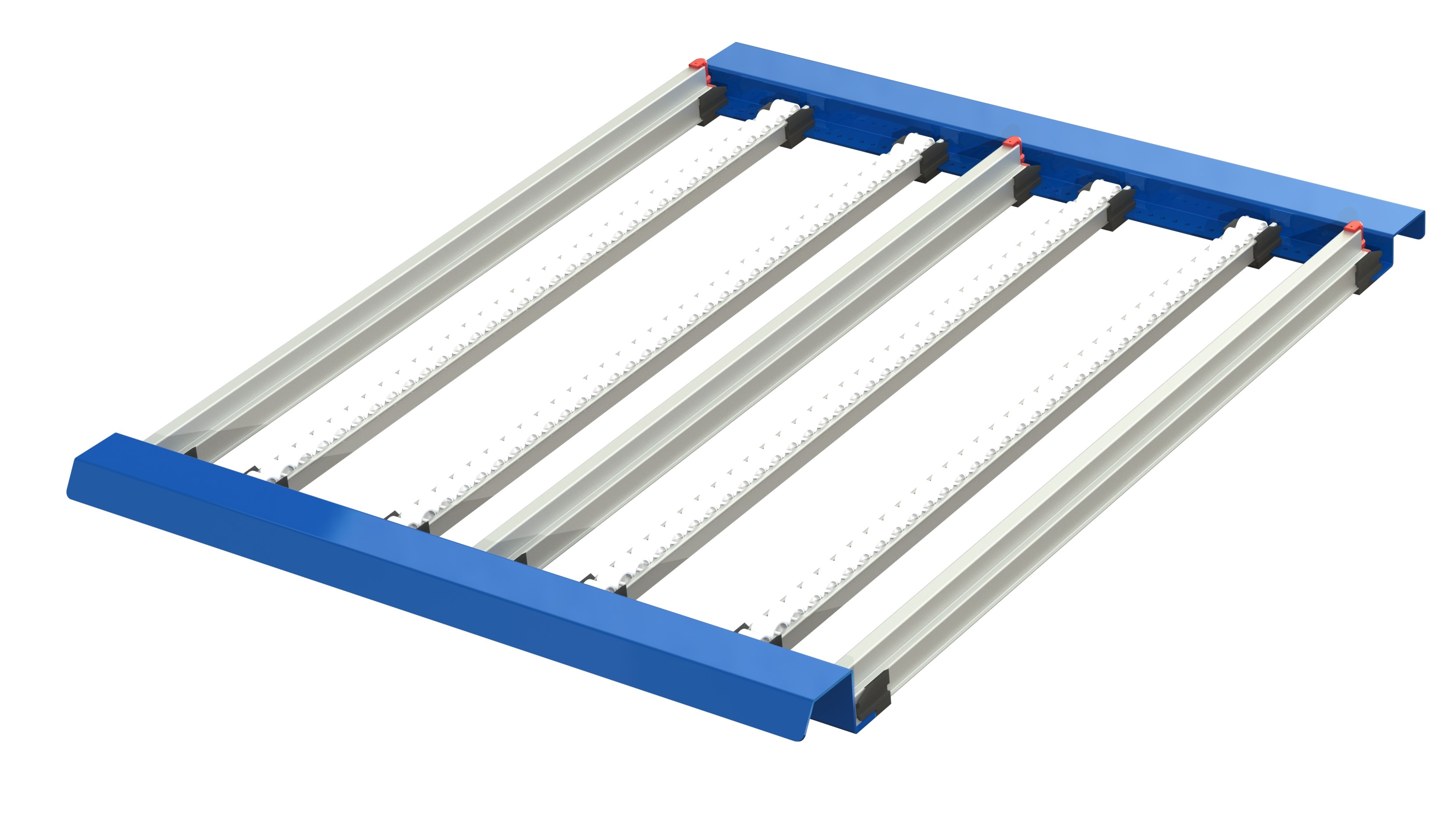 Fifo-plan med 4 rullister och 3 avdelare som ger 2 kanaler och passar för plastlådor och kartonger med max bredd 400 mm, w=940, d=1100