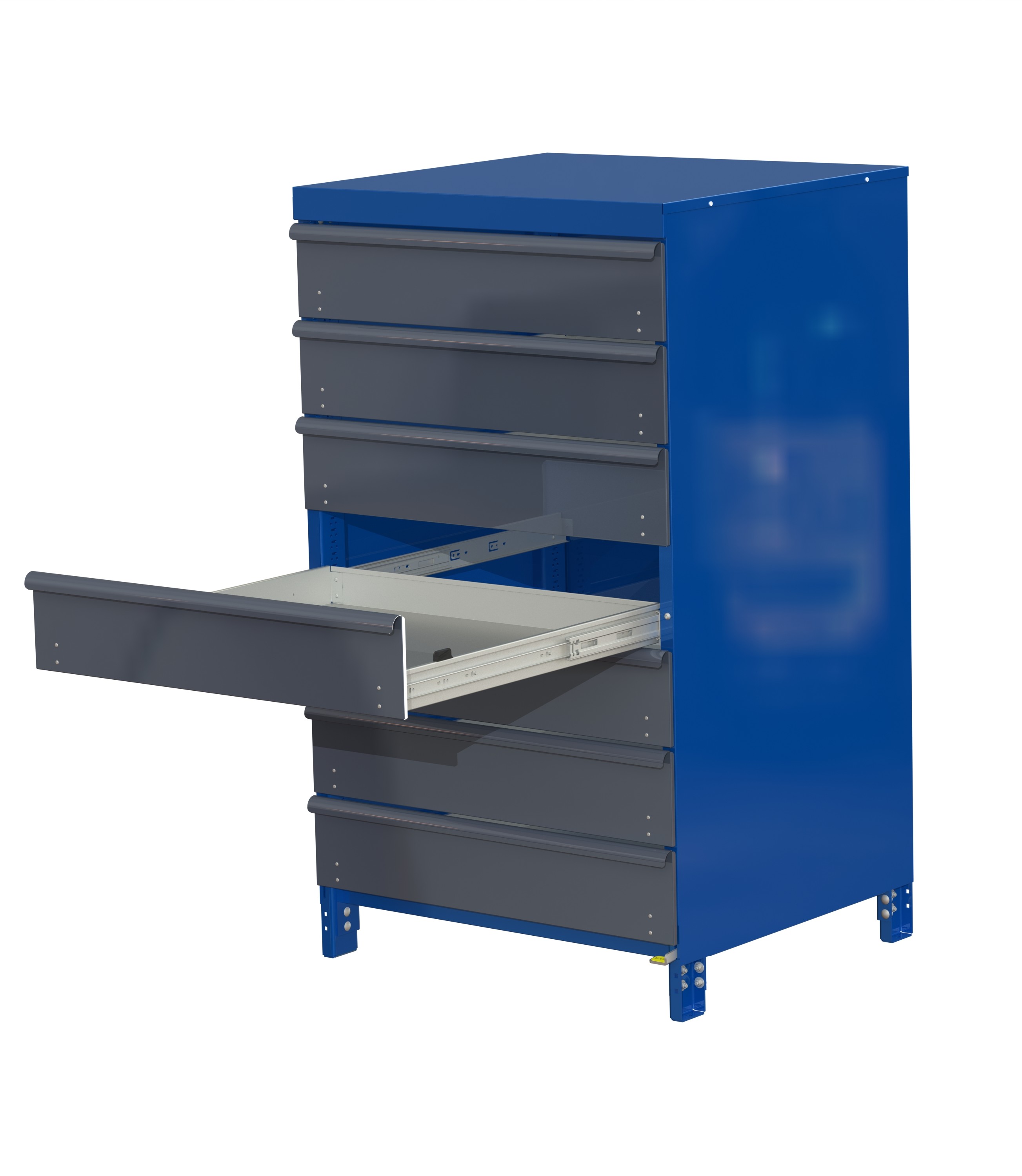 22 7507 1 open with cladding Industribyrå light, kortsideshanterad, 100% utdrag, 75 kg, 7 hyllor, med plåtinklädnad