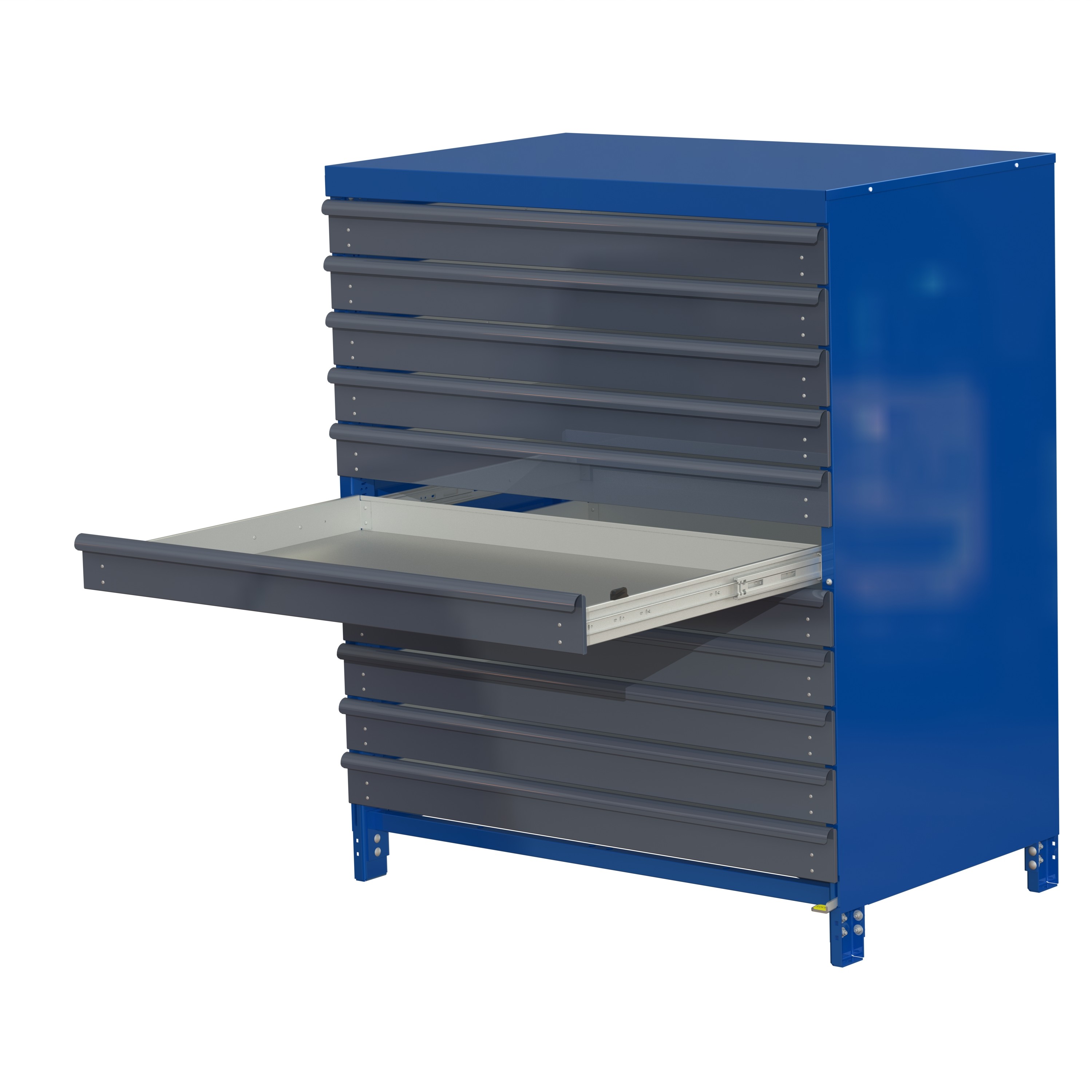 Industribyrå light, långsideshanterad, 100% utdrag, 75 kg, 11 hyllor, med plåtinklädnad