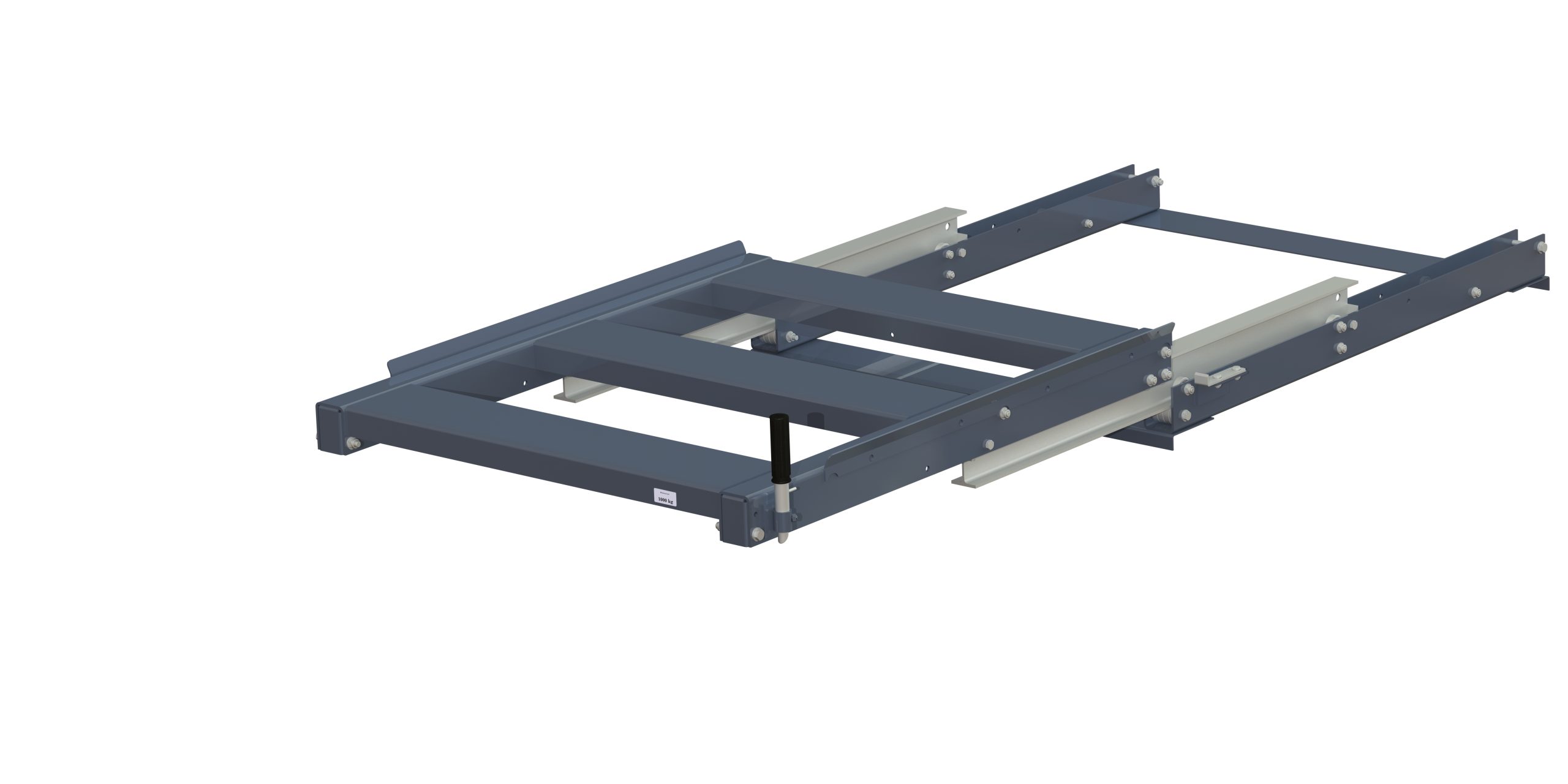 Pull-out unit for pallet rack with 100% extension ,1000 kg load capacity, front-loaded, short-side handled fin-pallet, standard handle h=200 mm
