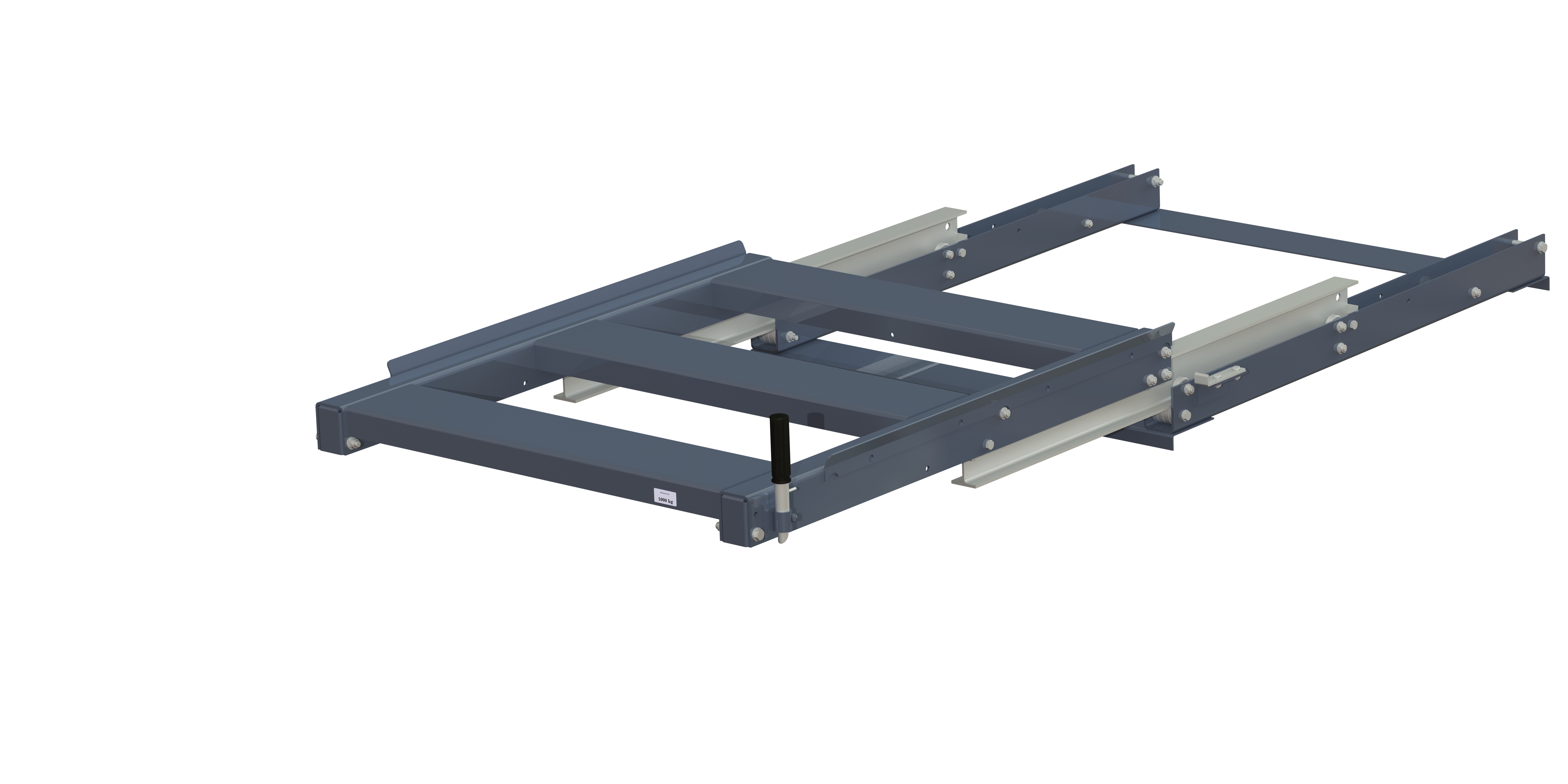 Pull-out unit for pallet rack with 100% extension ,1000 kg load capacity, front-loaded, short-side handled fin-pallet, standard handle h=200 mm