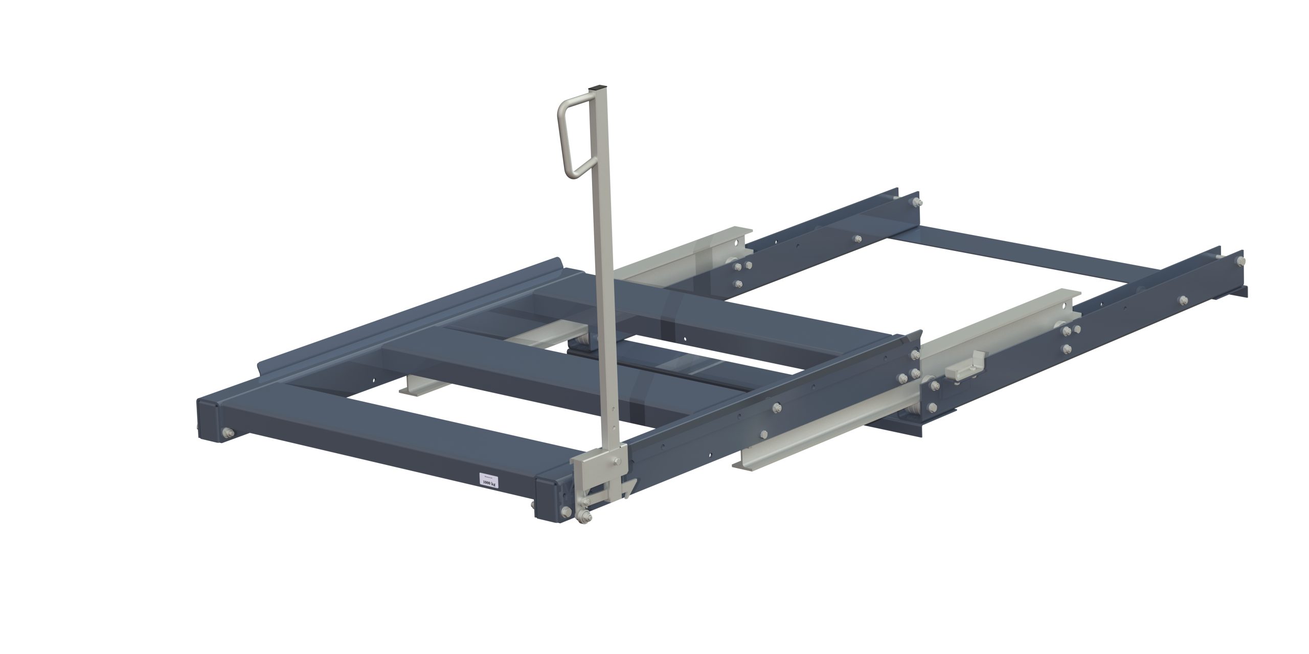 Pull-out unit for pallet rack with 100% extension ,1000 kg load capacity, front-loaded, short-side handled fin-pallet, easy action™ handle. H=900 mm