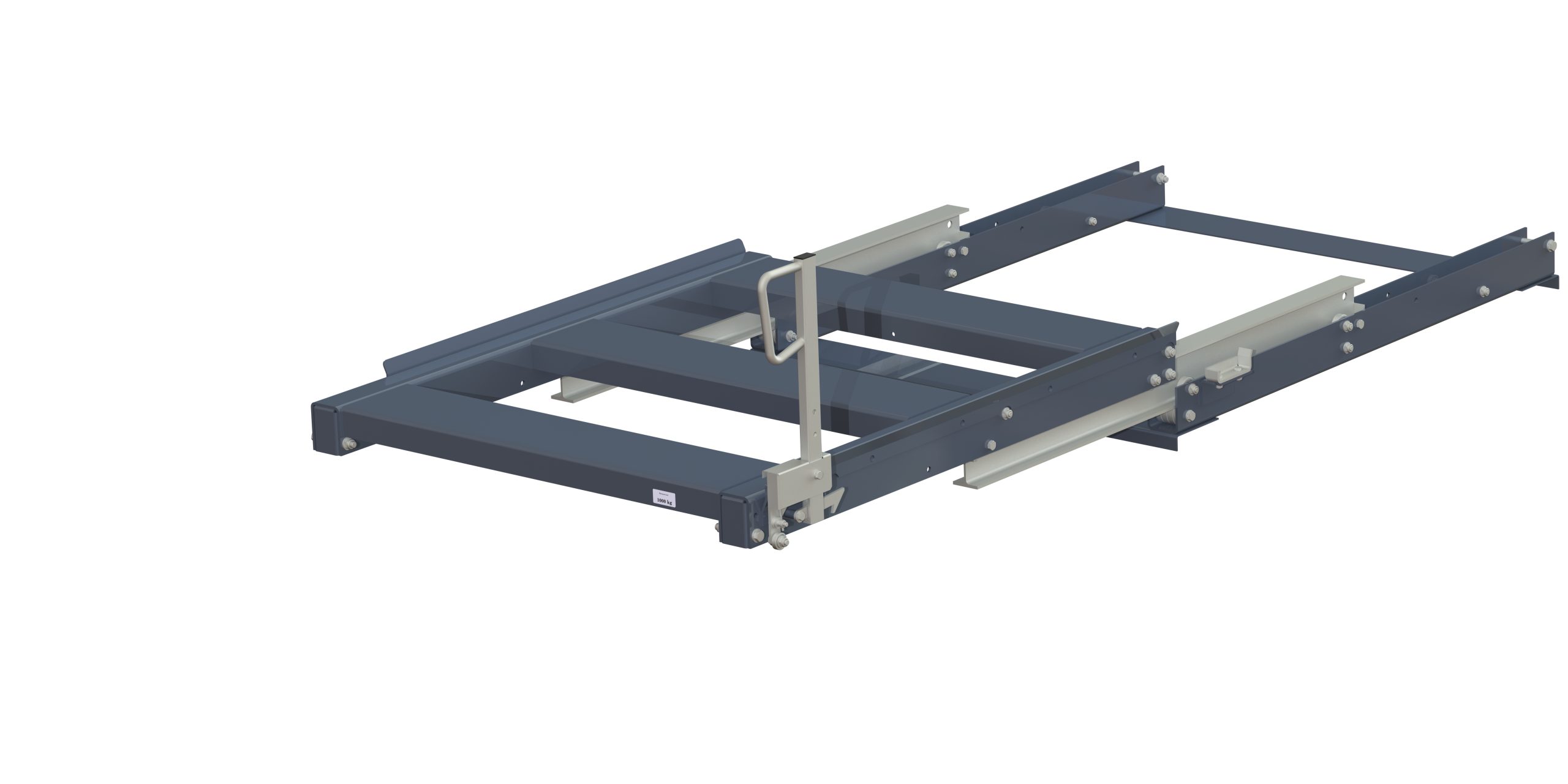 Pull-out unit for pallet rack with 100% extension ,1000 kg load capacity, rear-loaded, short-side handled fin-pallet, easy action™ handle. H=500 mm Pull-out unit for pallet rack with 100% extension ,1000 kg load capacity, rear-loaded, short-side handled fin-pallet, easy action™ handle. H=500 mm