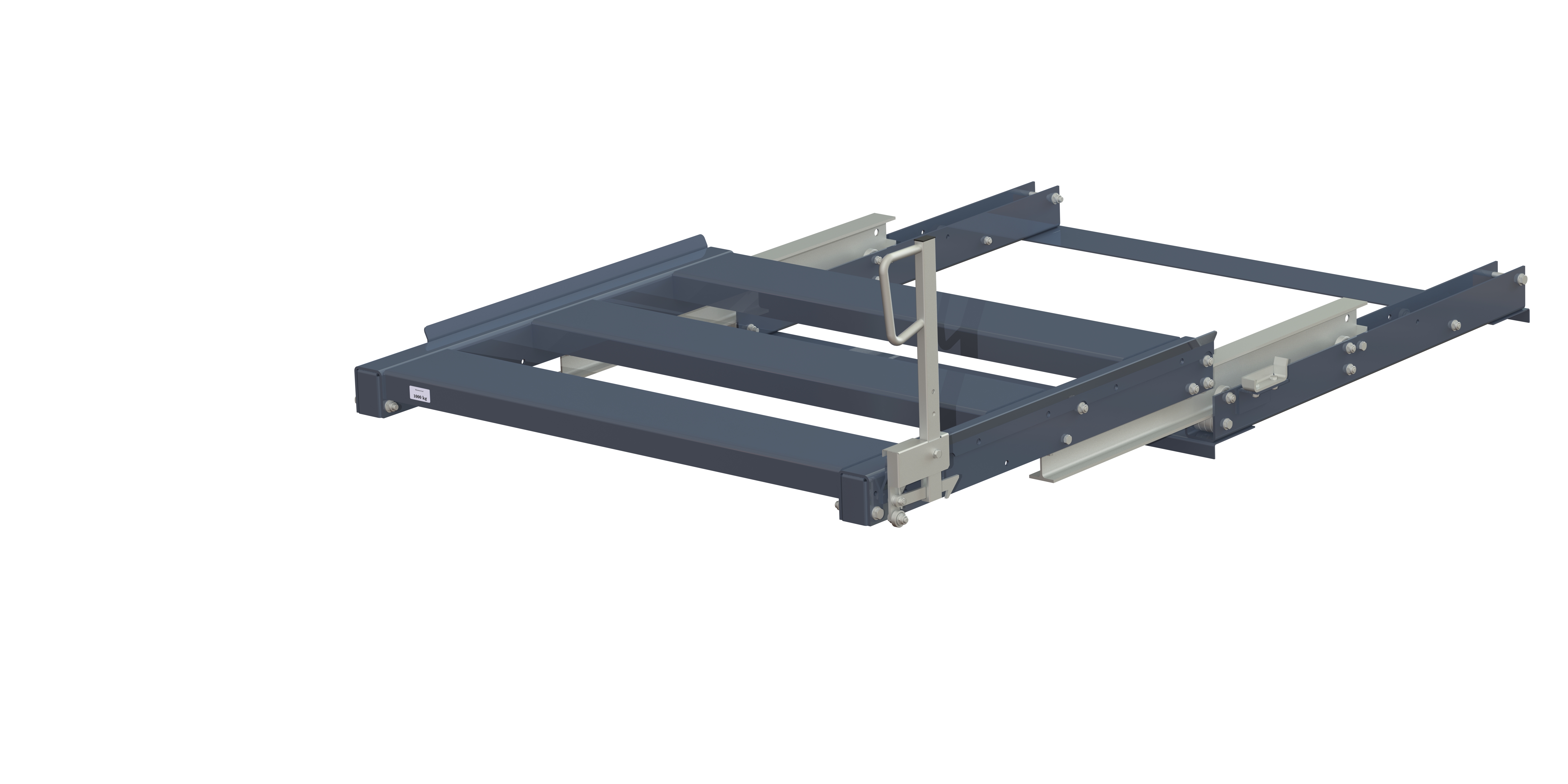 Pull-out unit for pallet rack with 100% extension ,1000 kg load capacity, front-loaded, long-side handled fin-pallet, easy action™ handle. H=500 mm Pull-out unit for pallet rack with 100% extension ,1000 kg load capacity, front-loaded, long-side handled fin-pallet, easy action™ handle. H=500 mm