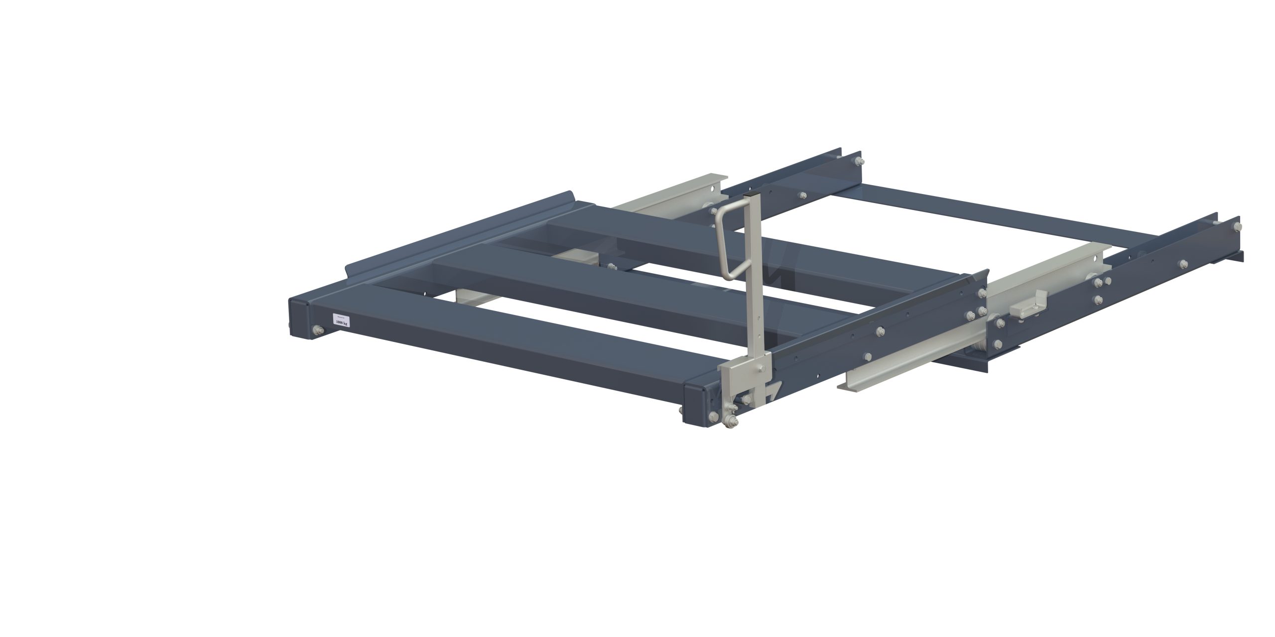 Pull-out unit for pallet rack with 100% extension ,1000 kg load capacity, rear-loaded, long-side handled fin-pallet, easy action™ handle. H=500 mm